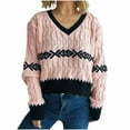 thumbnail image 2 of absuyy Cable Knit Sweaters for Women Vintage Fall Winter Sweaters V-Neck Warm Long Sleeve Tops, 2 of 7