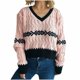 thumbnail image 2 of Ailaofu Women's Cable Knit Color Block Striped Sweater V Neck Long Sleeve Pullover Tops, 2 of 7