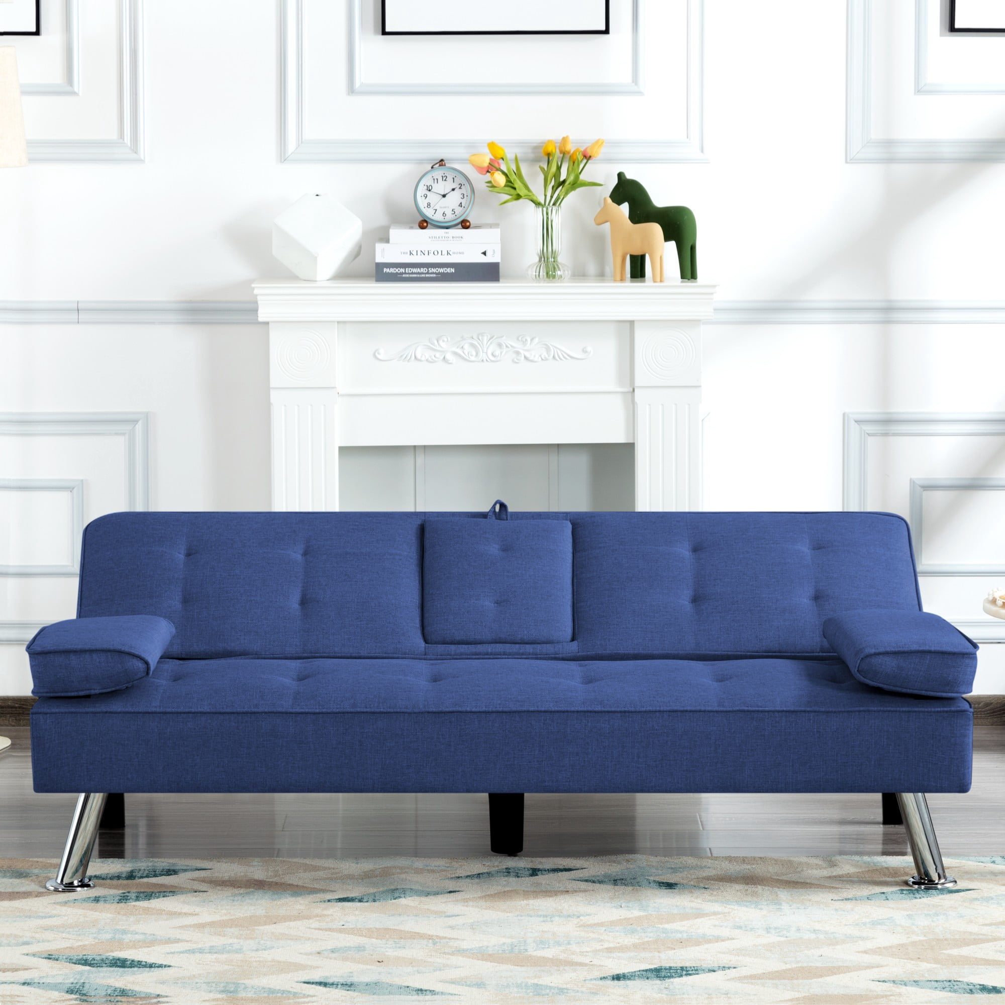 Gewnee 65.3" 3‑in‑1 Convertible Futon Sleeper Sofa, Polyester Foldable Sleeper Couch with Adjustable Backrest,Sofa Bed with Cup Holders & Storage Bag for Small Apartments，Navy Blue