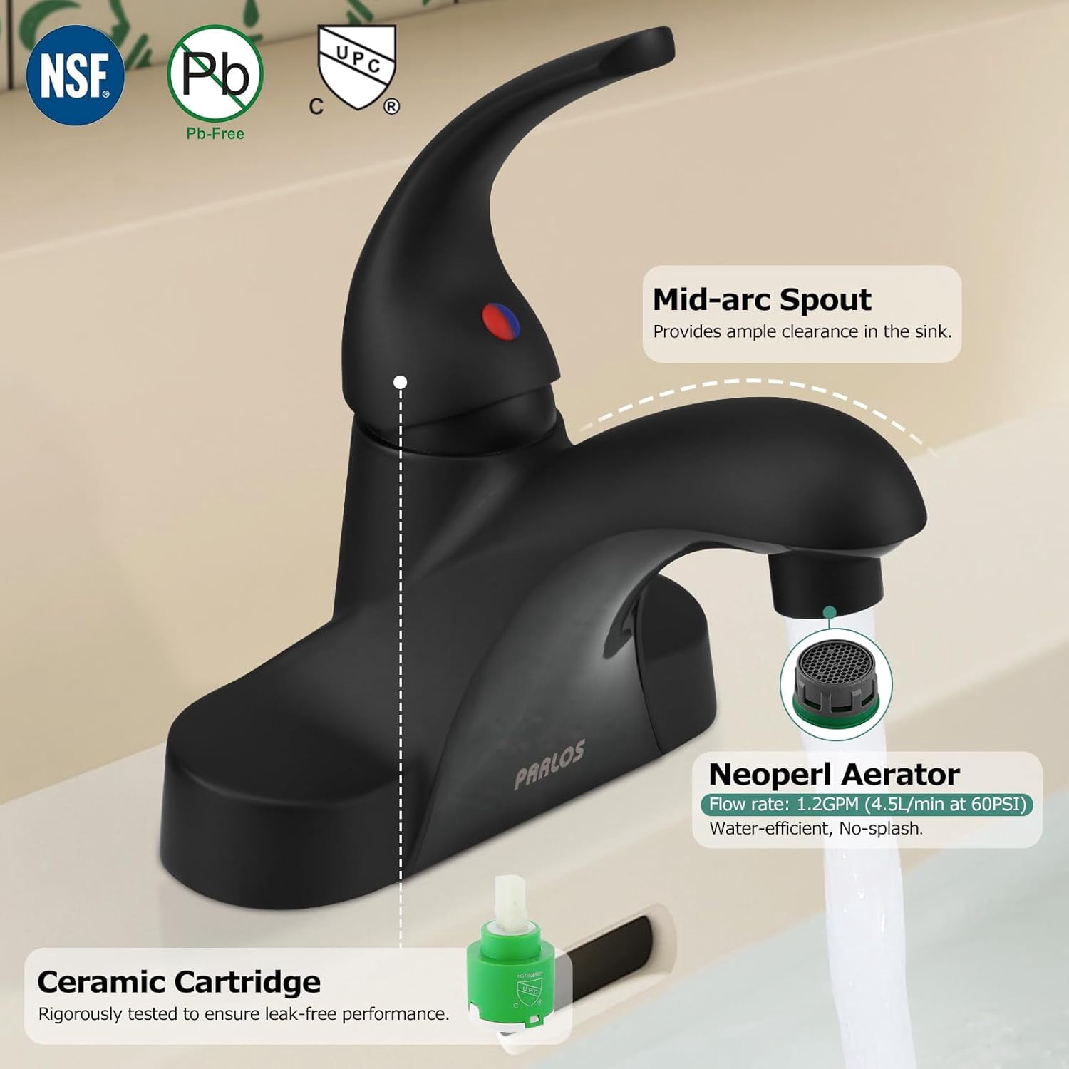 Parlos Centerset Single-handle Bathroom Faucet with Drain Assembly,Matte Black