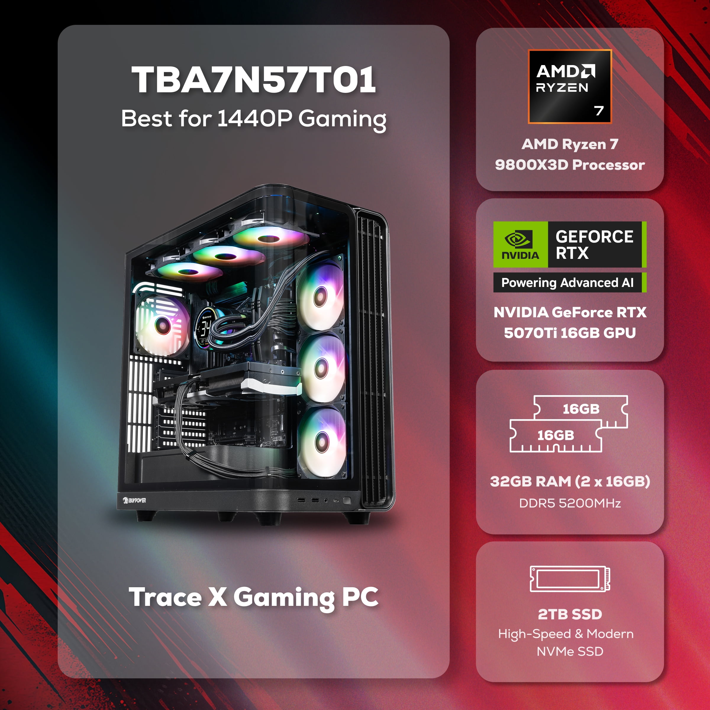 iBUYPOWER Trace Gaming PC Desktop Computer AMD Ryzen 7 9800X3D CPU, NVIDIA GeForce RTX 5070Ti 16GB GPU, 32GB DDR5 5200MHz RAM, 2TB NVMe SSD, Windows 11 Home, Gamer Keyboard and Mouse - TBA7N57T01