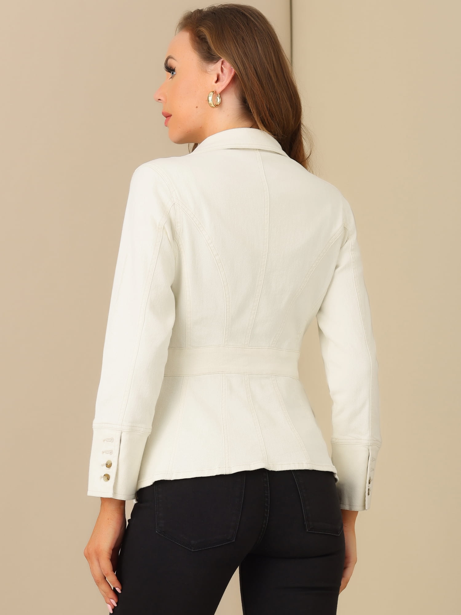 DARING DIVA Women's Lapel Jeans Blazer Denim Jacket W Pockets M Apricot