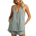 thumbnail image 2 of Summer Linen Sets for Women 2 Piece Sleeveless Side Split Button Up Tank Top with Shorts V Neck Lounge Outfits (Large, Gray), 2 of 7