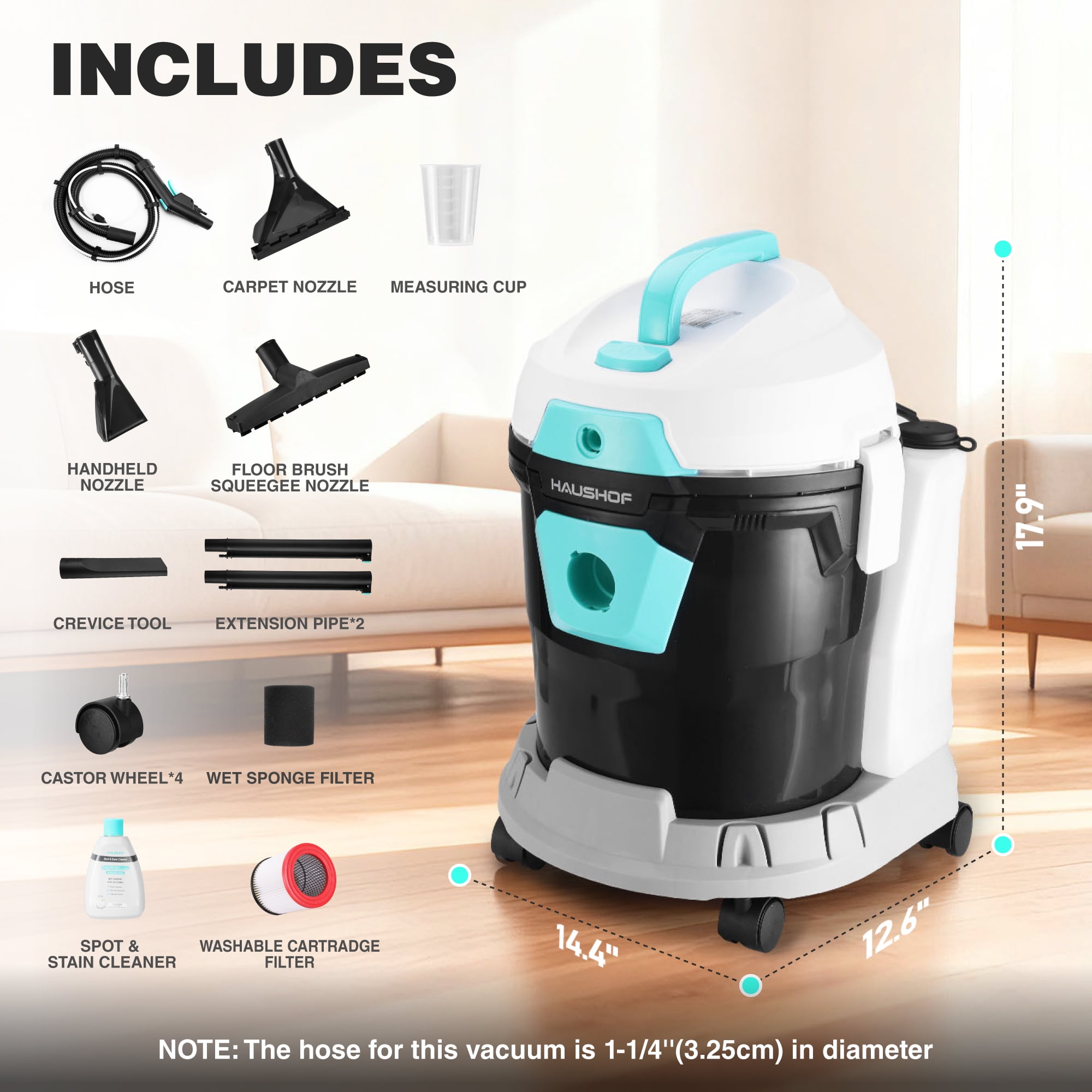 HAUSHOF 4 Gallon 5.5 Peak HP 4-in-1 Wet/Dry/Upholstery Vacuum Cleaner and Blower, Commercial Portable Shop Vac with Spot & Stain Cleaner for Home, Car, Workshop & Garage Cleaning