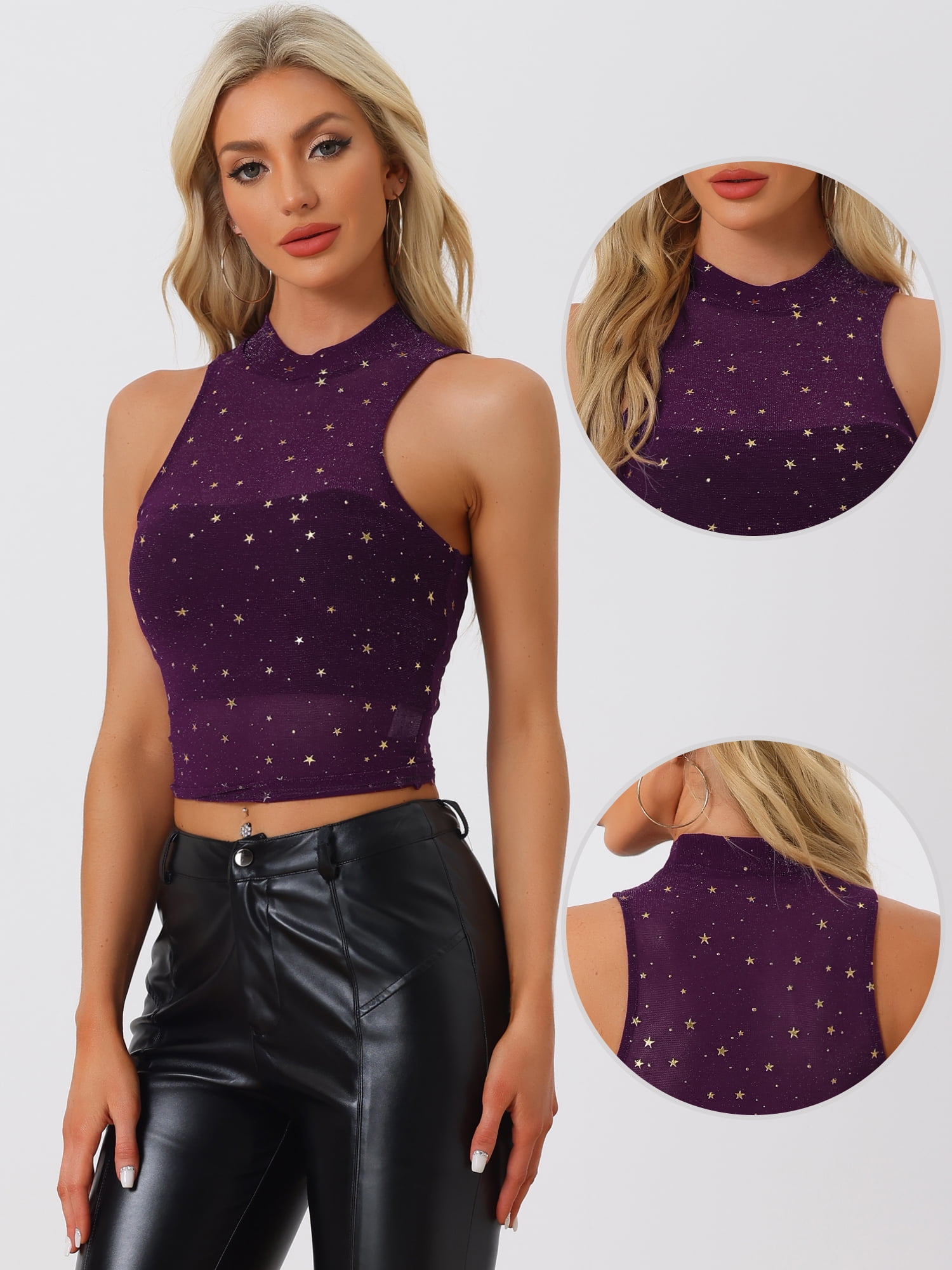 Unique Bargains Women's Star Mesh Crop Mock Neck Sleeveless See Through Tank Top S Purple