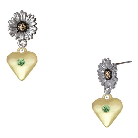 Delight Jewelry Gold-tone Large August – Lime Green Crystal Heart – Two-tone Daisy Flower Post Earrings
