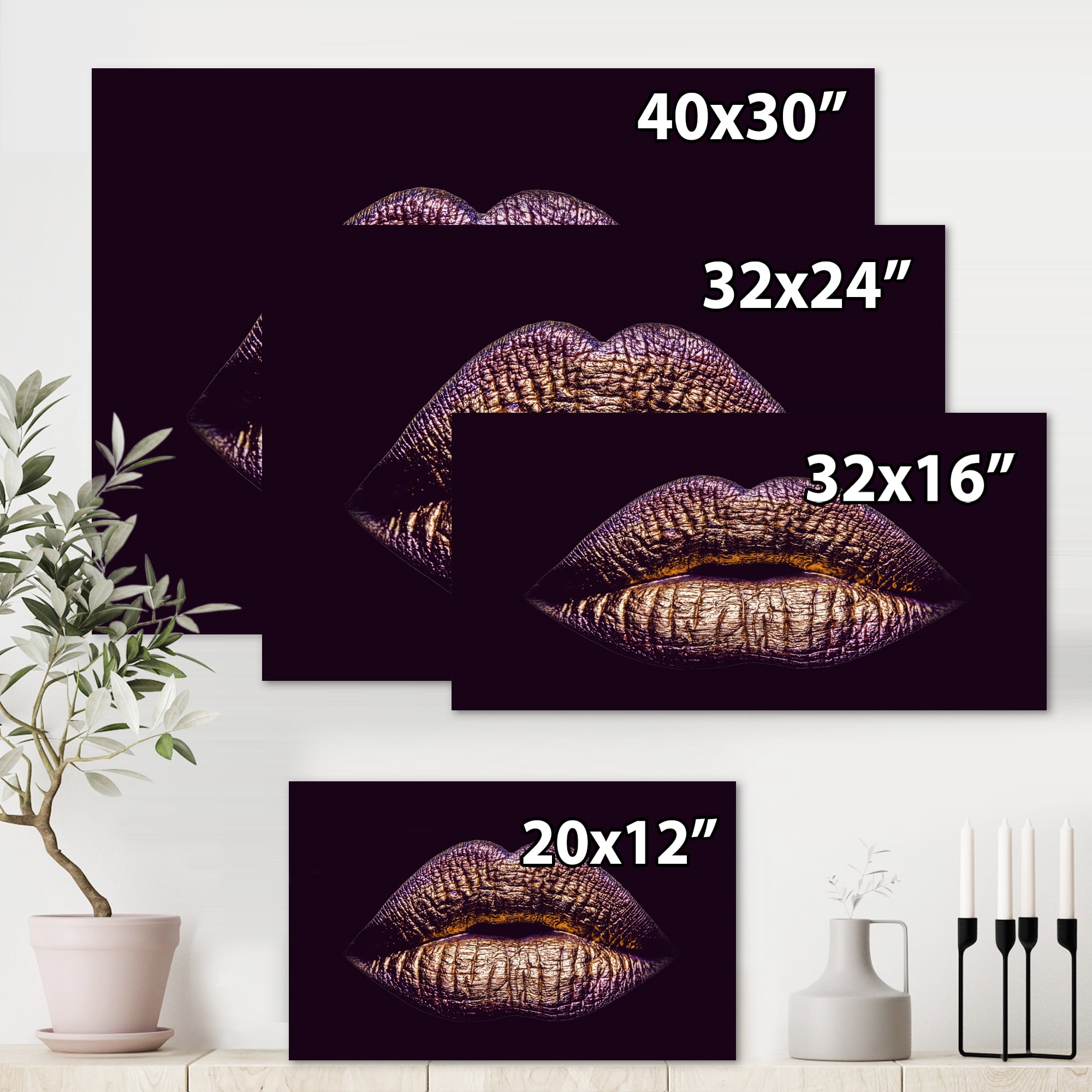Designart ' Sexy Golden Metallized Woman Lips III ' Modern Canvas Wall Art Print