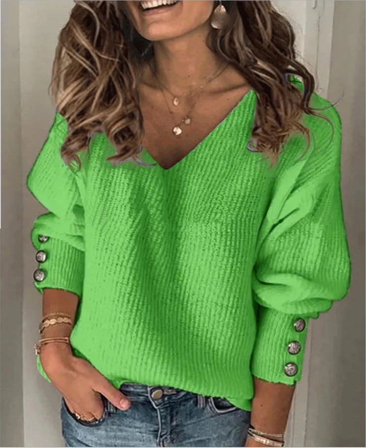 Women's Solid Color Wild Knitted Sexy V-neck Loose Long-sleeved Sweater ...