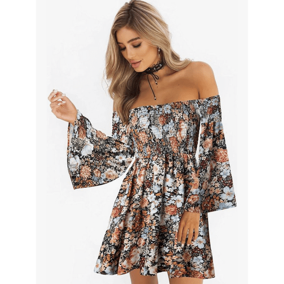 Women's Dress Summer Floral Long Sleeve Off Shoulder Casual Mini Dresses