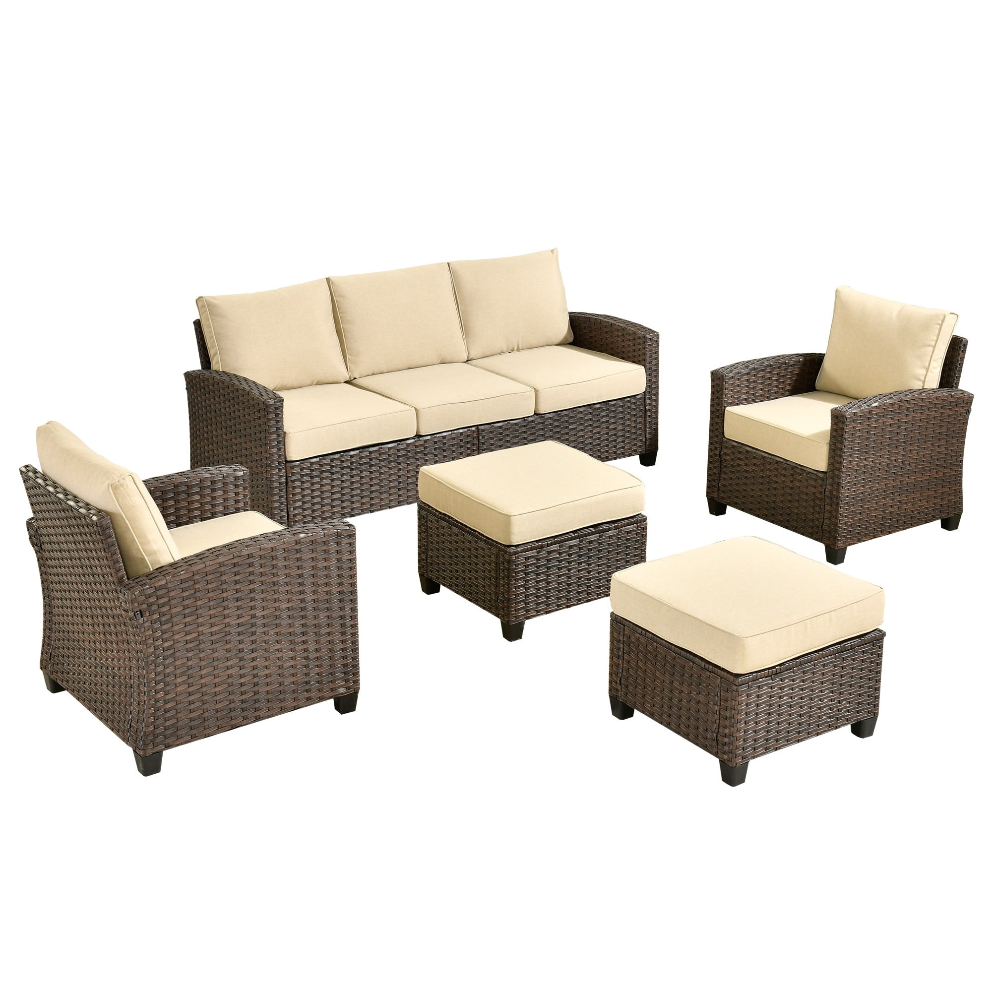 XIZZI 5 Pieces Wicker Patio Furniture All Weather Outside Seating Set High Back Rattan Outdoor Conversation Set with Cushion Ottoman for Balcony, Beige