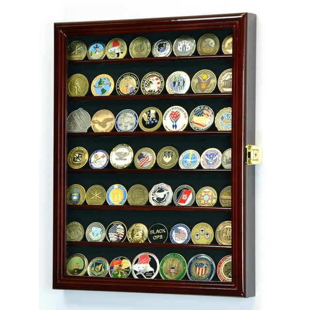 Military Challenge Coin Display Case Cabinet Holder Wall Rack 98% UV Lockable -Cherry