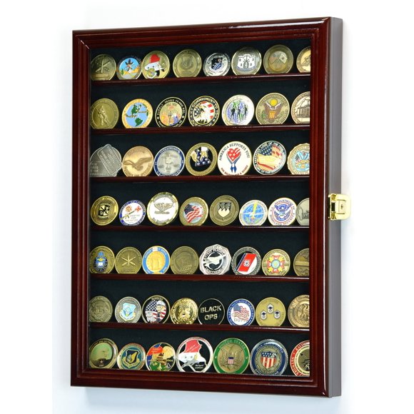 Military Challenge Coin Display Case Cabinet Holder Wall Rack 98% UV Lockable -Cherry