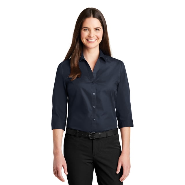Camisa de popelina Carefree de manga 3/4 para mujer de Port Authority®. LW102 Autoridad Portuaria LW102