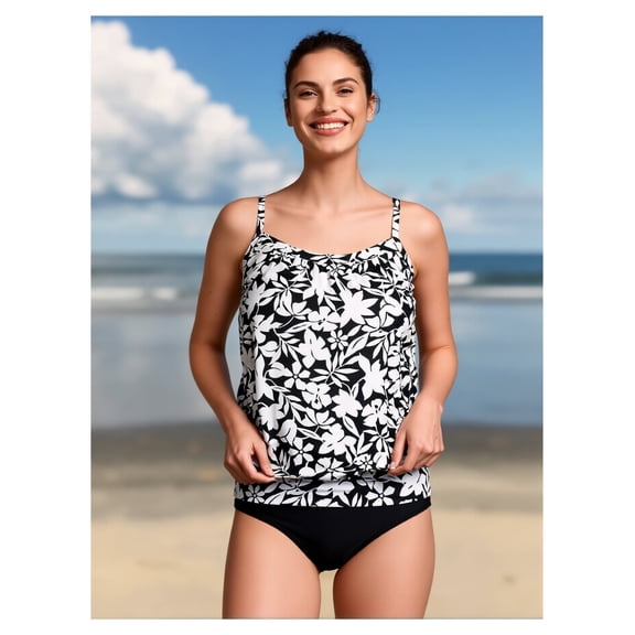 Women's Black & White Floral Print Two-Piece Tankini Swimsuit - Loose Blouson Top, Tummy Control High Waist Bottom - Modest Beach & Pool Swimwear