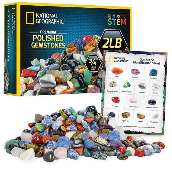 National Geographic Premium Polished Stones - 2 Pounds Of 3/4-Inch Tumbled Stones And Crystals Bulk 4500+ Carats Gemstones For Kids Rock And Mineral Kit Stem Toys