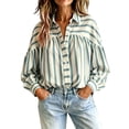 thumbnail image 2 of NTACZA Button Down Women's Tops for Summer Pleated Back Blouson Striped Collared Long Sleeve Relaxed Fit Work Shirts L, 2 of 9