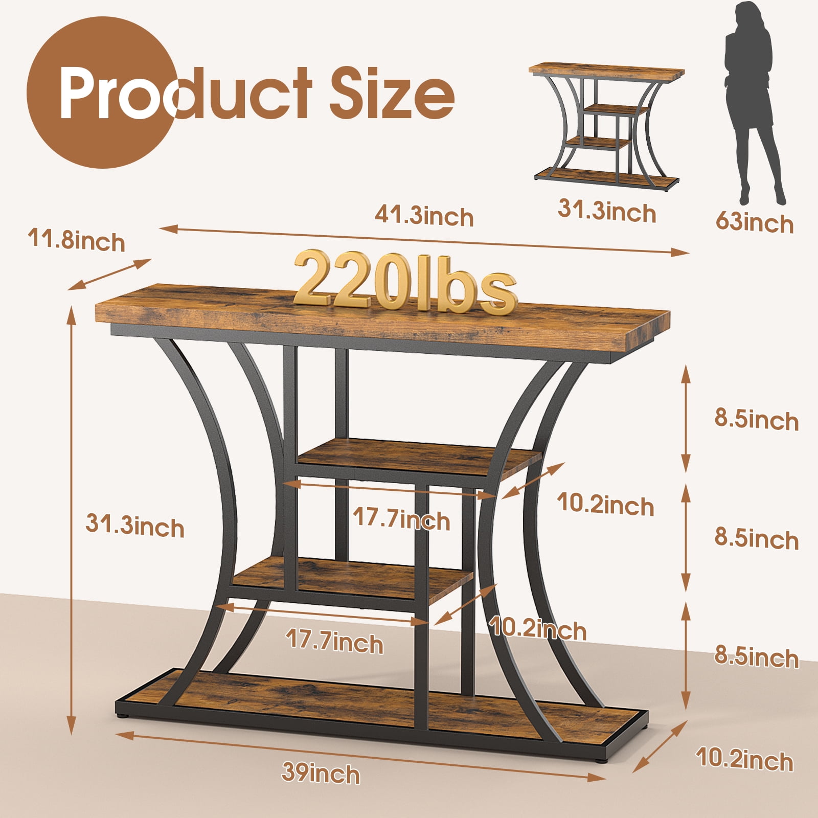 Vingud Console Table with Curved Frames and 3 Open Shelves, Entryway Table for Hallway Entrance Living Room, Rustic Brown + Black 41 inches