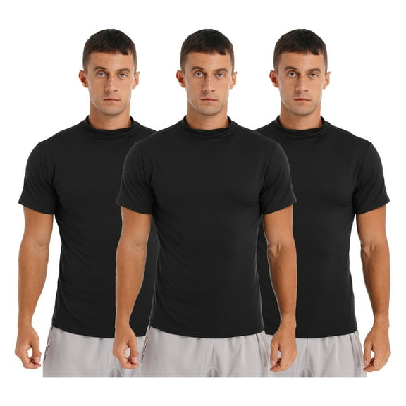 renvena 3Pcs Men's Turtleneck Pullover Tops Short Sleeve T-Shirts Basic Slim Fit Solid Color Tees Black XL