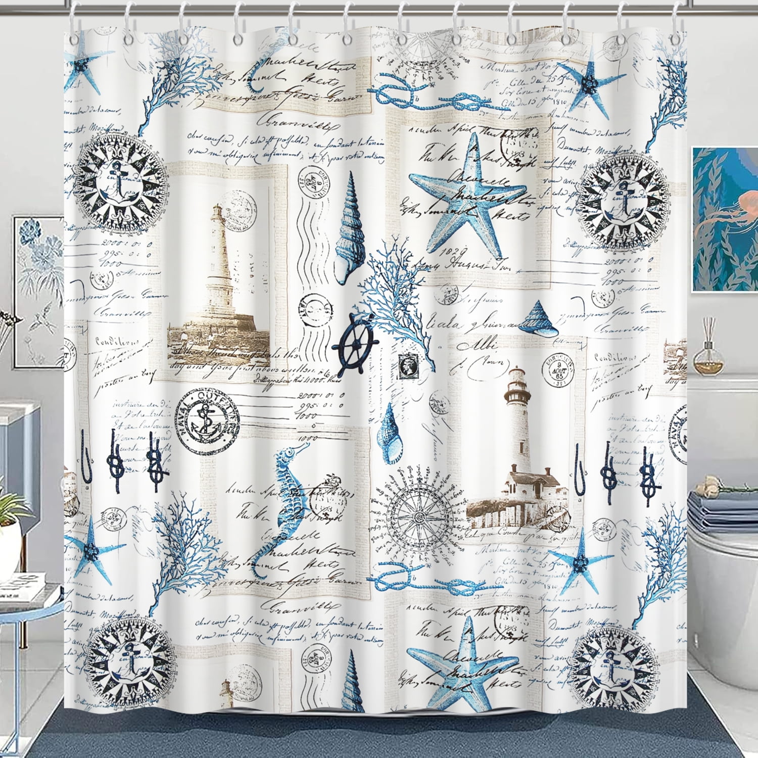 Summer Sea Theme Tall Shower Curtain,Nautical Coastal Seahorse Shower Curtains for Bathroom Decor,Long Shower Curtain 72x78 Inch