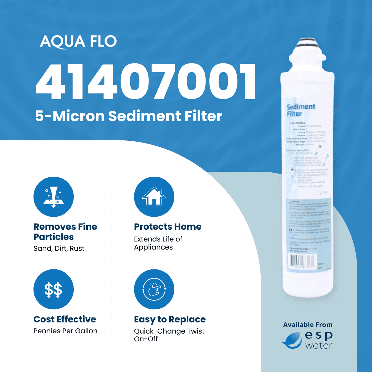 Aqua Flo 41407001 Sediment Filter – Quick Change Pre-Filter for Aqua Flo Platinum QCRO 4-Stage RO Systems – 5 Micron