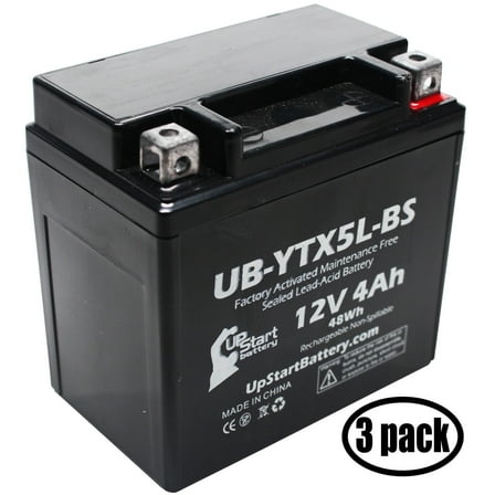 3-Pack UpStart Battery Replacement for 2011 Yamaha JOG ZR 50CC Factory Activated, Maintenance Free, Scooter Battery - 12V 4Ah, UB-YTX5L-BS