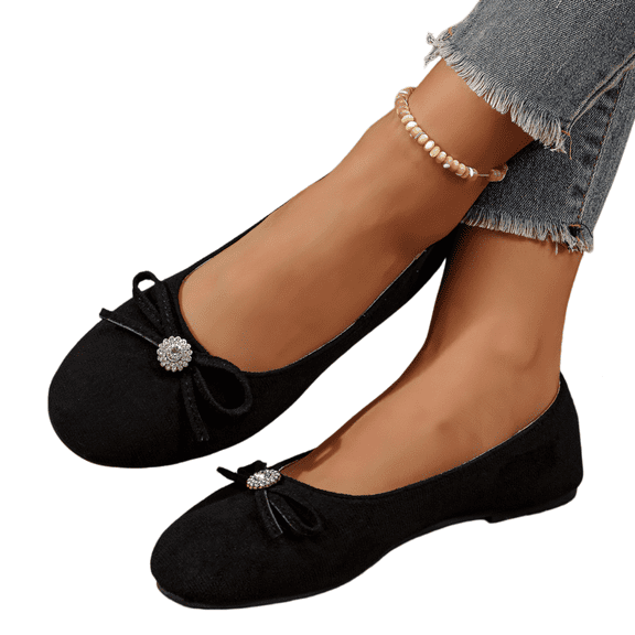 Willtoo Women’s Flats Round Toe Slip‑on Ballet Shoes, Bow Rhinestone Decor Soft Lightweight Dress Casual Footwear Office Dating Daily Walking Shoes