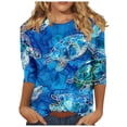 thumbnail image 1 of Wanfds Hauts de Mode Bleus pour Femmes Tendance Été Col Rond Manches Trois-Quarts S, 1 of 5