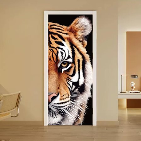 2 Sheets Self-Adhesive Door Sticker 80cmx200cm/31.5x78.7inch Half Tiger Face Pattern Door Murals Stickers PVC Removable Wallpaper Decoration for Bedrooms ​Living Room