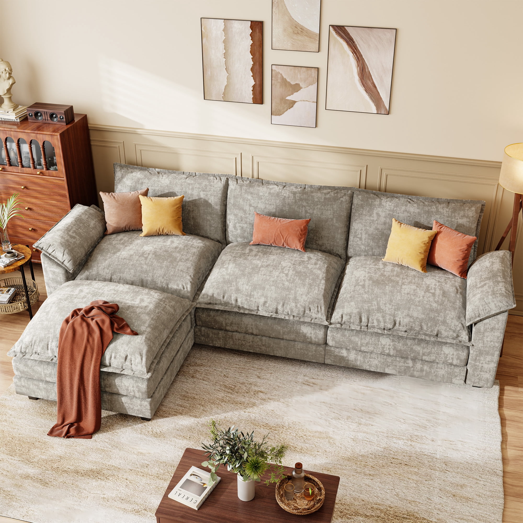 Homall 3-seat L-shaped Cloud Couch Sectional Sofa with reversible toffee chair Movable Footrest Sofa, Gray