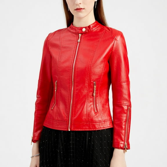 Qetyuw Cropped Faux Leather Jacket for Women Long Sleeve Slim Fit Open Front Jackets Casual Full Zip Up Coat