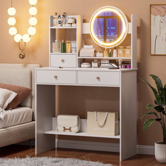 Vanity Desk with LED Lighted Mirror, Makeup Vanity Desk with 3 Drawers & Storage Shelves, 3 Color Modes, Dressing Table for Bedroom, White