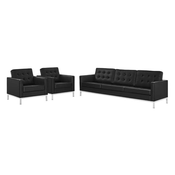 Tufted Armchair and Sofa Set, Faux Leather, Silver Black, Modern Contemporary Urban Design, Living Lounge Room Hotel Lobby Hospitality