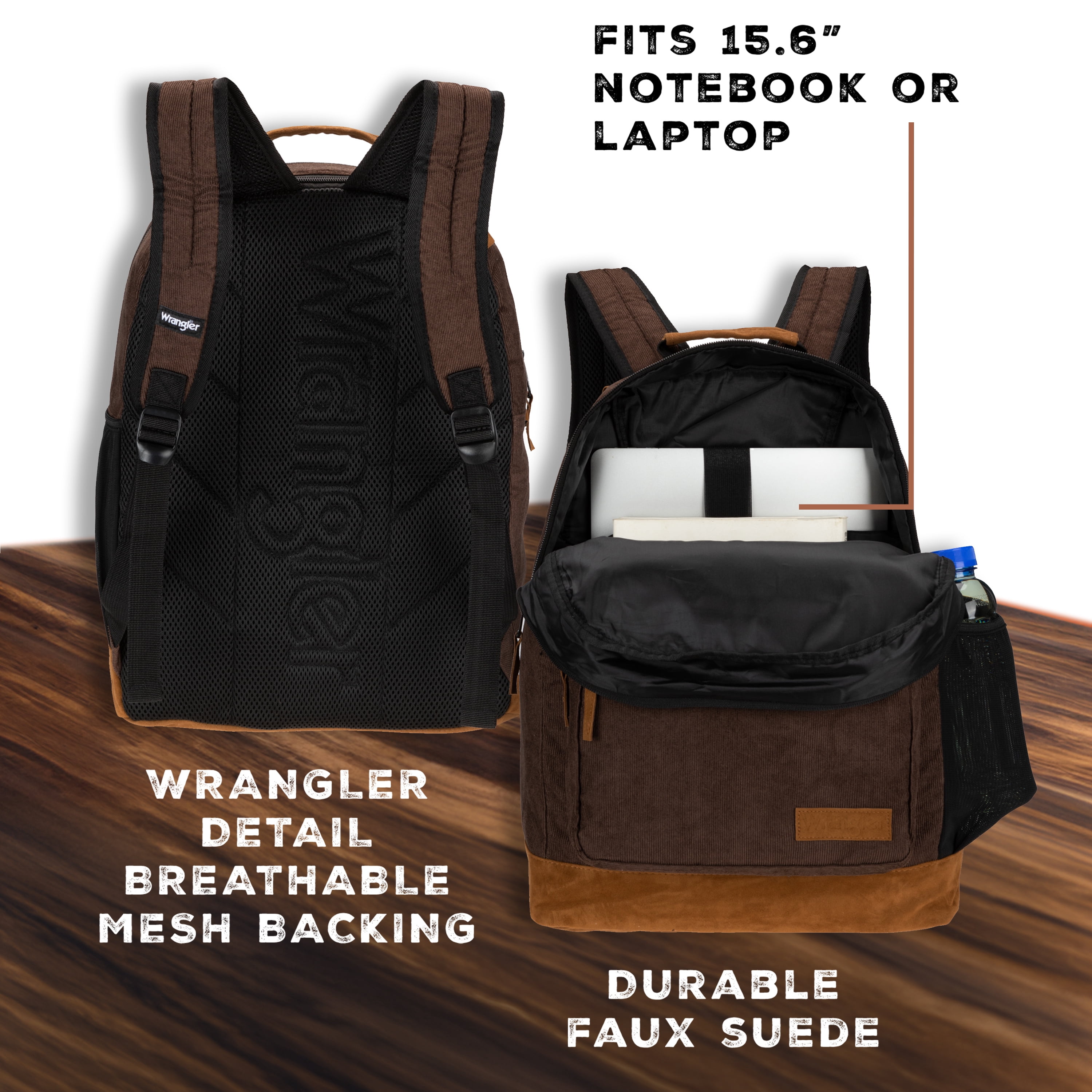 Wrangler Yellowstone Backpack, Classic Logo Resistant Padded Sleeve, All Ages, Dark Brown Cord