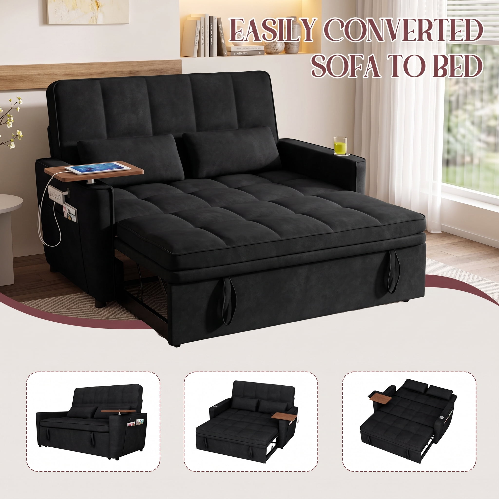 avobird 54'' Pull Out Sofa Bed, Convertible Sleeper Couch for for Living Room, Side Desk, USB Ports, Cup Hold, Velvet Fabric, Adjustable Backrest, Black