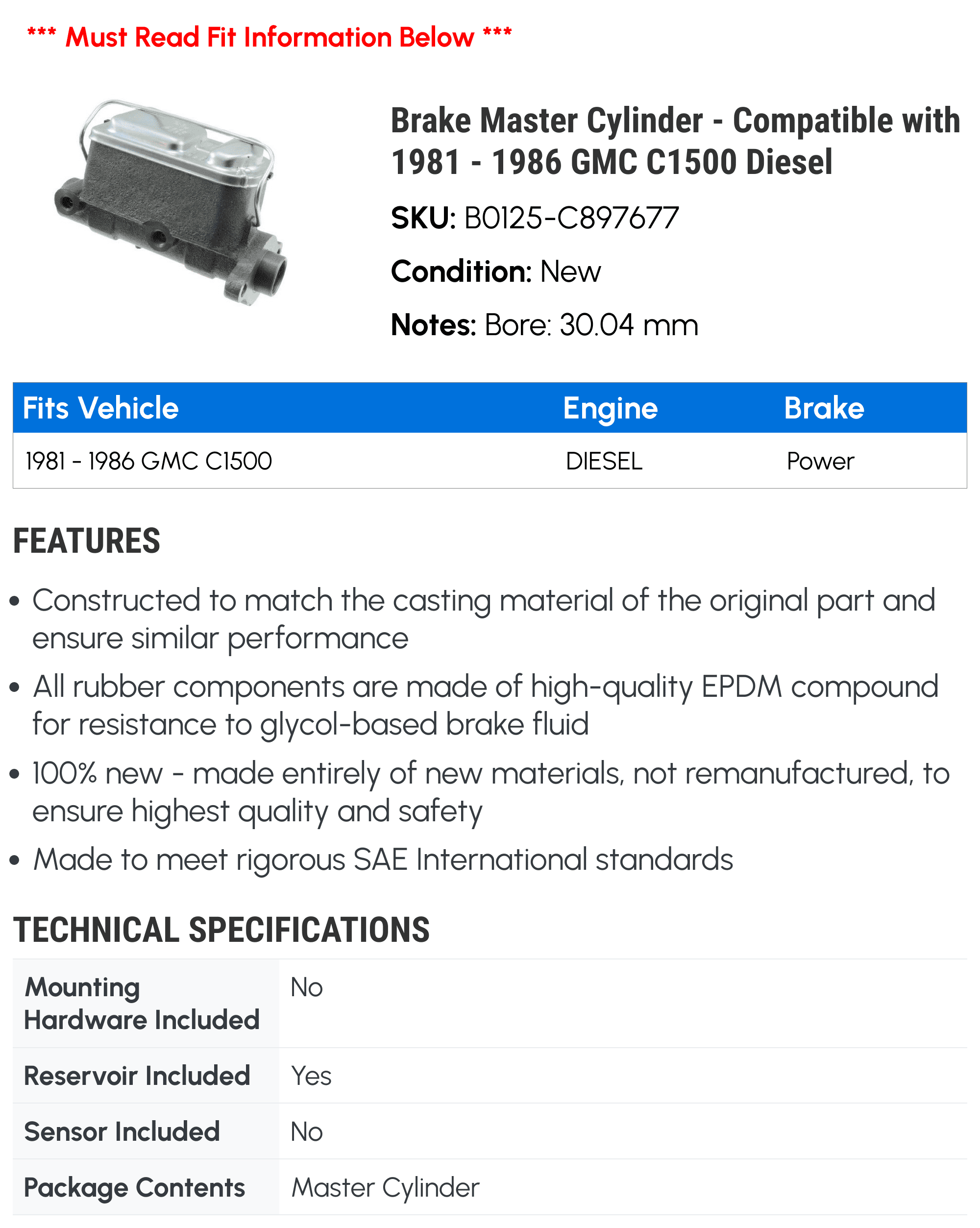 Brake Master Cylinder - Compatible with 1981 - 1986 GMC C1500 Diesel - Dorman