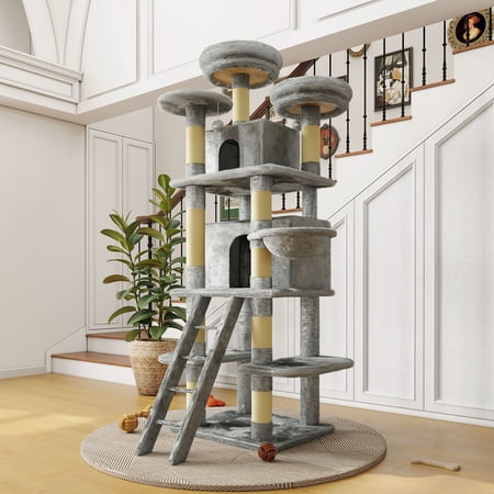 S-HOME Cat Tree Measuring 70.87 Inches Featuring Safe Short Plush 2 Condos And A Cozy Hanging Hammock Gray