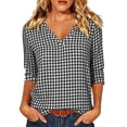 thumbnail image 3 of VBVC Women's Gingham 3/4 Sleeve V-Neck Top , Ladies' Lightweight Work Office Blouse , Plaid Summer Shirts For Women,Black,S-2XL, 3 of 8