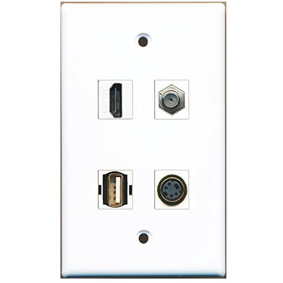 RiteAV - 1 Port HDMI 1 Port Coax Cable TV- F-Type 1 Port USB A-A 1 Port S-Video Wall Plate