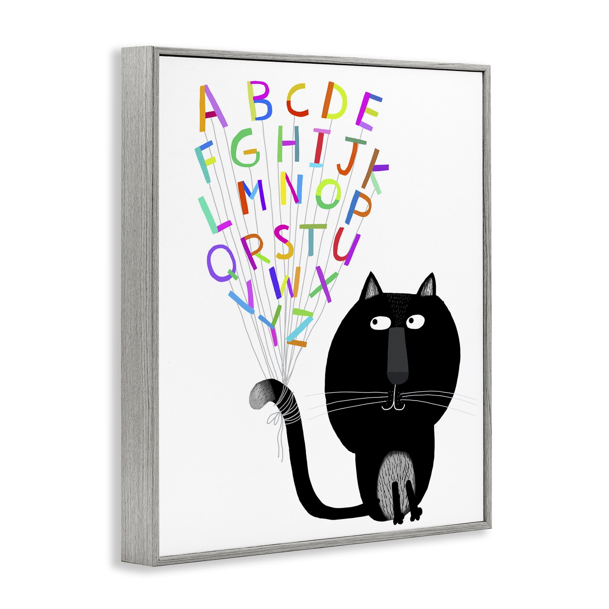 Stupell Industries Cat with Alphabet Animals & Insects Painting Gray Framed Art Print Wall Art, 16 x 20