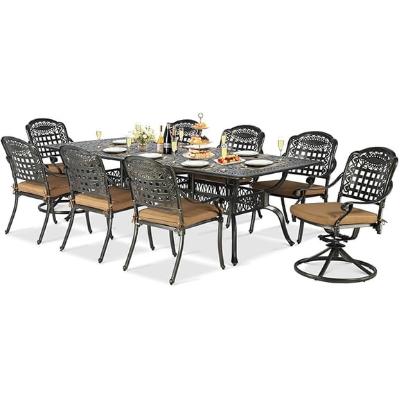 SOCIALCOMFY 9-Piece Patio Cast Aluminum Dining Set, Outdoor Table and Chairs Set for 8, Includes 94.5" Rectangular Dining Table, 6 Stationary, 2 Swivel Dining Chairs with Umbrella Hole, Tan