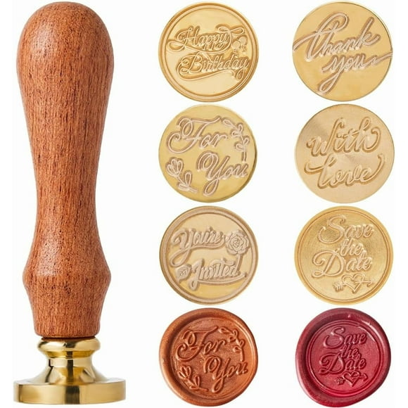Ensemble de 7 Styles de Sceaux de Cire de Mariage 25mm Mots de Bénédiction Tête en Laiton + 1 Pce Kit de Poignée en Bois Merci Joyeux Anniversaire Vous Êtes Invité Enveloppes Amovibles Invitations Décoration d'Emballage Cadeau
