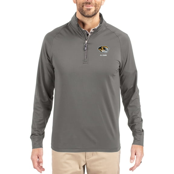 Men's Cutter & Buck Gray Missouri Tigers Alumni Logo Adapt Eco Knit Stretch Raglan Quarter-Zip Pullover