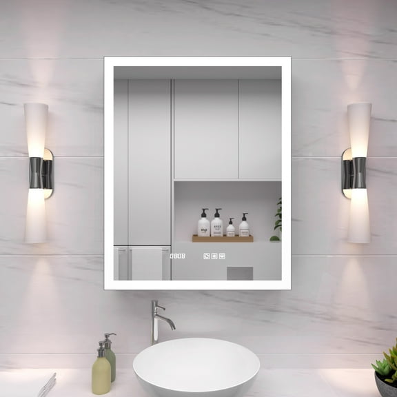 24 in. W x 30 in. H Medicine Cabinet with Mirror LED and Clock, Rectangular Silver Aluminum Recessed/Surface Mount Left,ACE