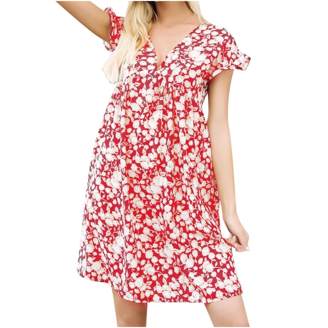 EQWLJWE Robes pour Femmes 2023 Mode Décontractée Sexy Été Manches Courtes Imprimé Floral Robe Jupe Col en V
