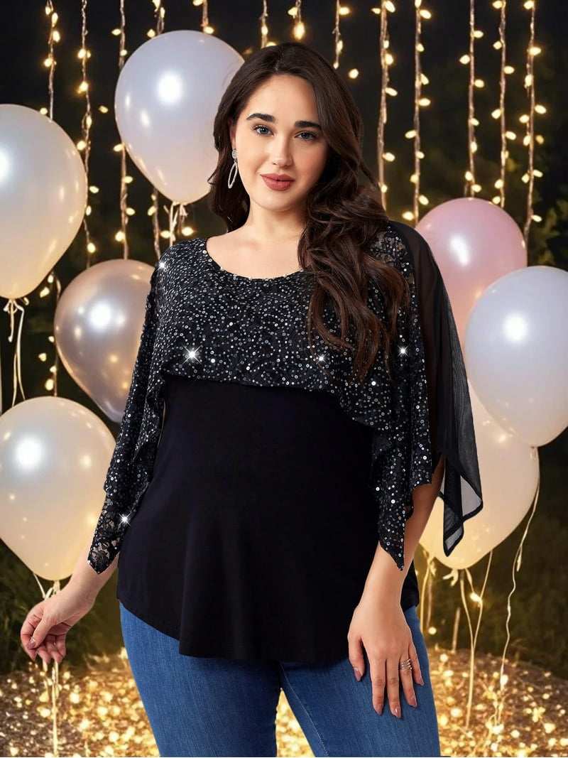 LapaPlus Women Plus Size Tops Elegant Sequins Shirt Lace Half
