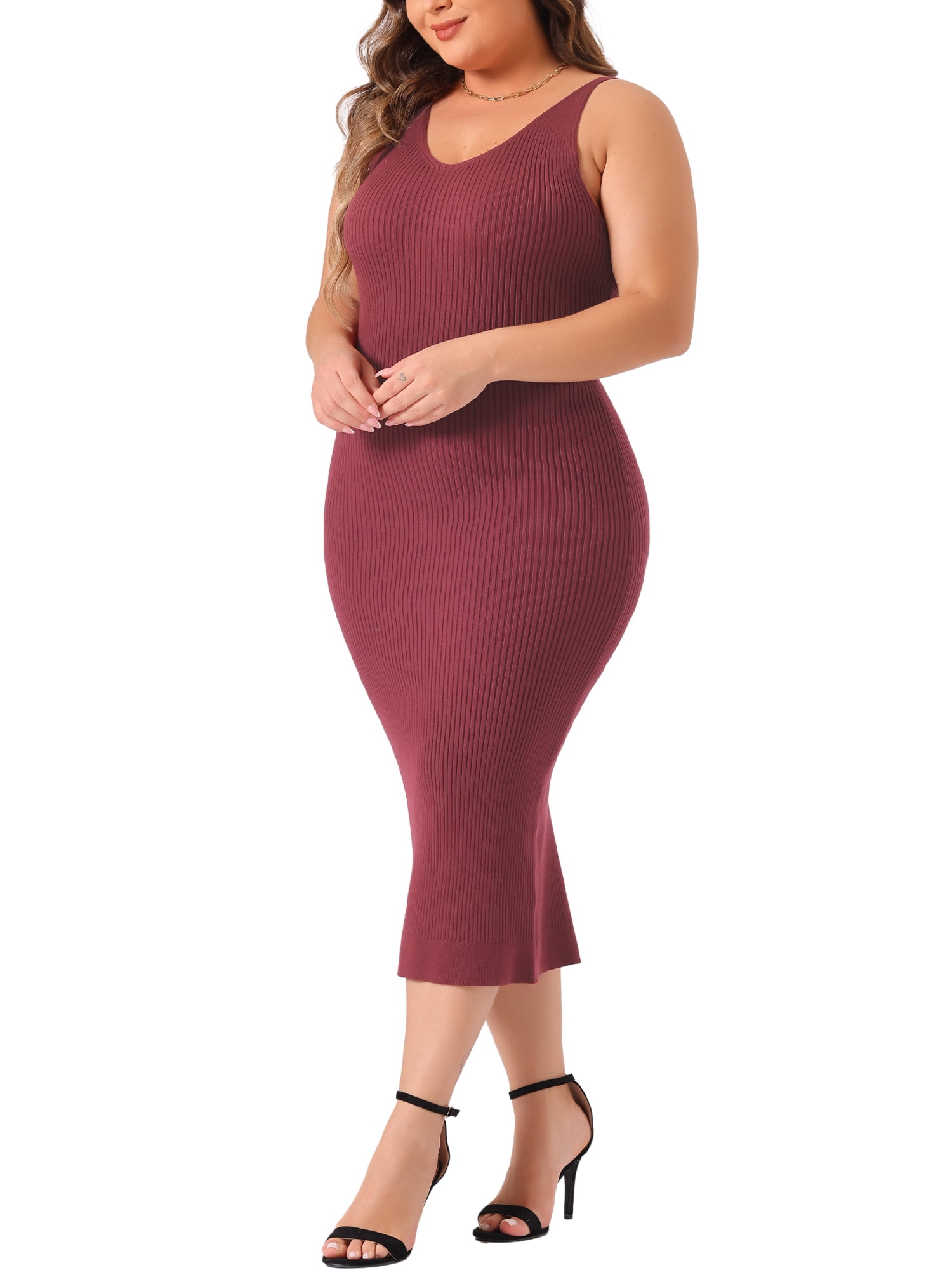 DARING DIVA Plus Size Sweater V Neck Ribbed Knit Bodycon Dress 3X Burgundy