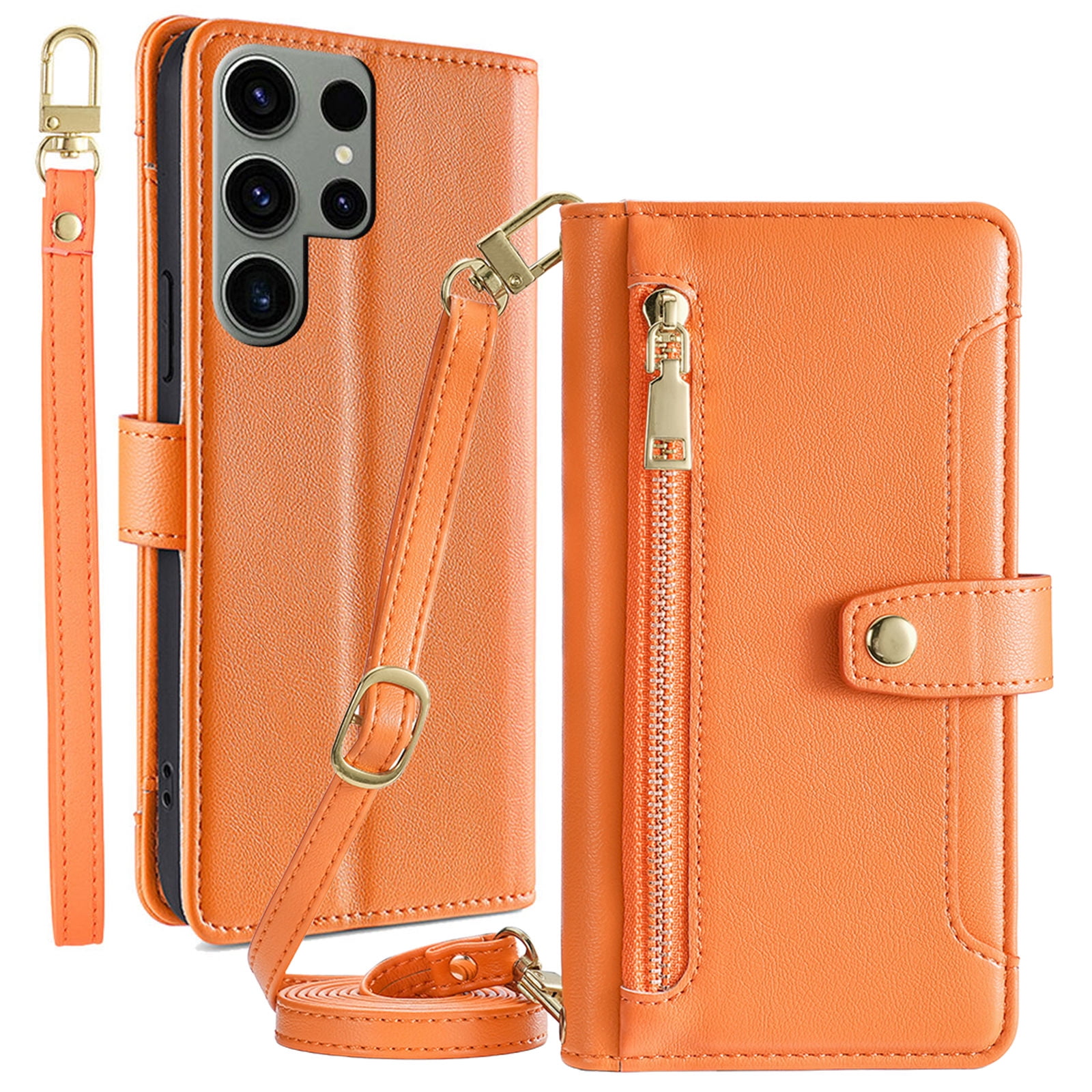 ELEHOLD for Samsung Galaxy S26 Ultra Wallet Case Crossbody, Zipper Phone Case with Card Holder Large Capacity Wrist Strap Leather Purse Cover for Women Men for Samsung Galaxy S26 Ultra,Orange