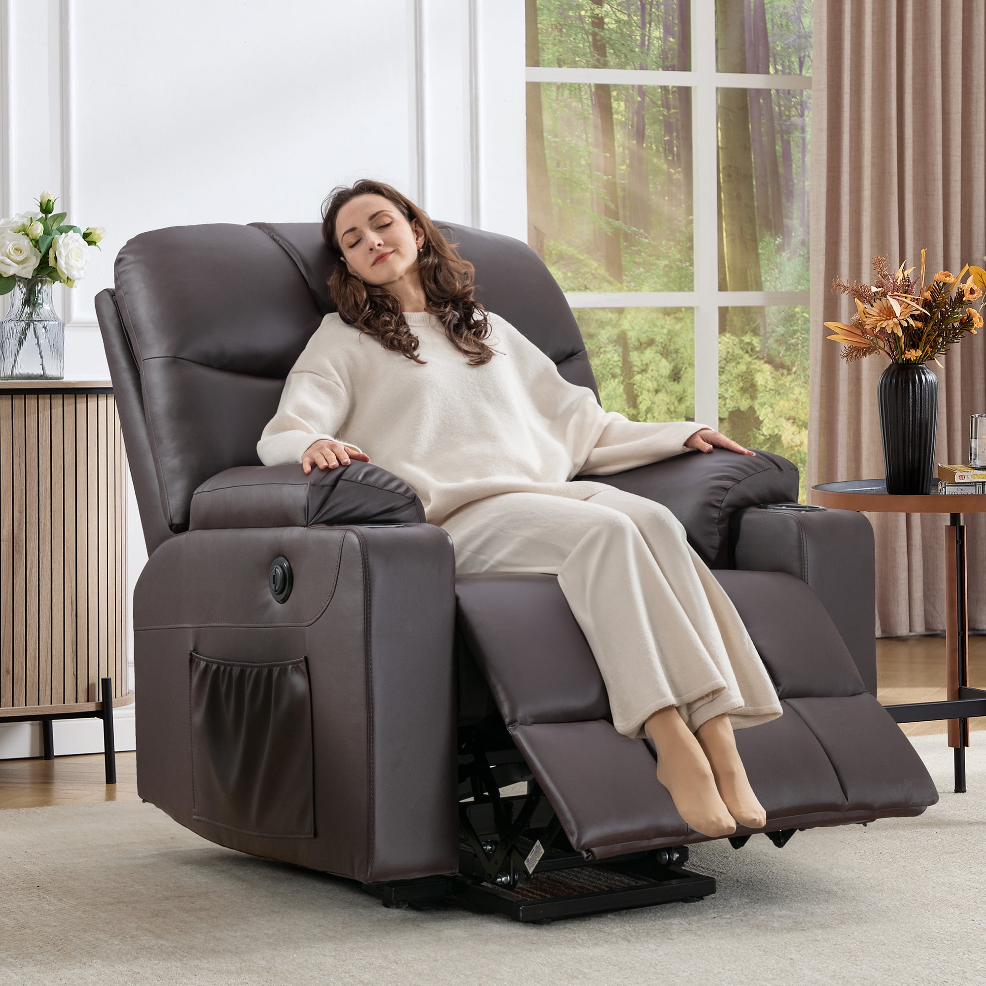 Bonzy Home Electric Recliner Living Room Heated Massage Lift Chair Recliner with Cup Holder and USB, Brown