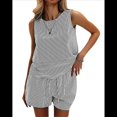 thumbnail image 2 of Conjunto de Dos Piezas de Verano para Mujer: Camiseta Sin Mangas y Pantalones Cortos A Juego, Chándal de Algodón A Rayas, Rayas Negras, Talla XL, 2 of 8