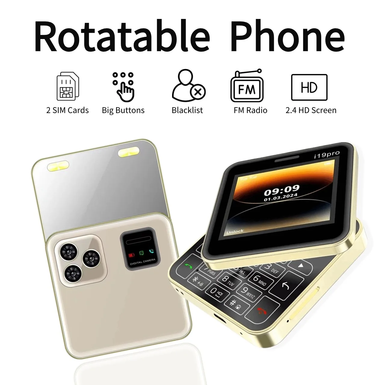 Broisae I19 Pro Low Price Rotatable Cute Mini Flip 2G GSM Mobile Phone Push Button Dual SIM Two Torch Whatsapp Magic Voice Blacklist Square Small Ebook Cellphone